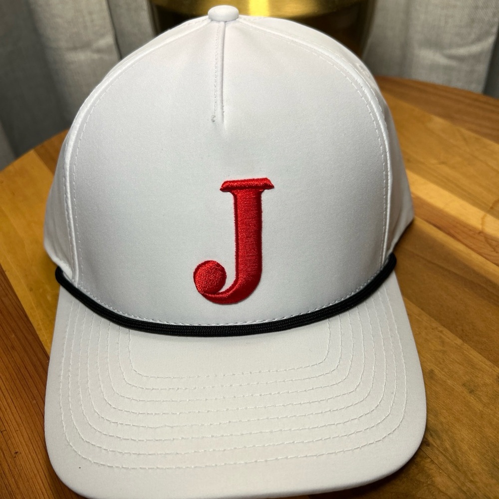 Justin Boots White Ball Cap Hat Red J Logo Rope Detail Adjustable New No Tags